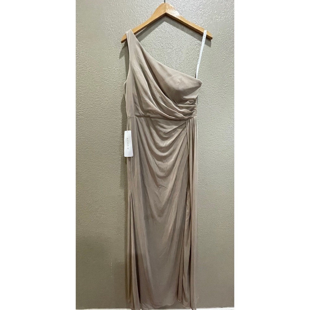 Azazie Jhene One Shoulder Ruched Maxi Dress Taupe Size‎ 12